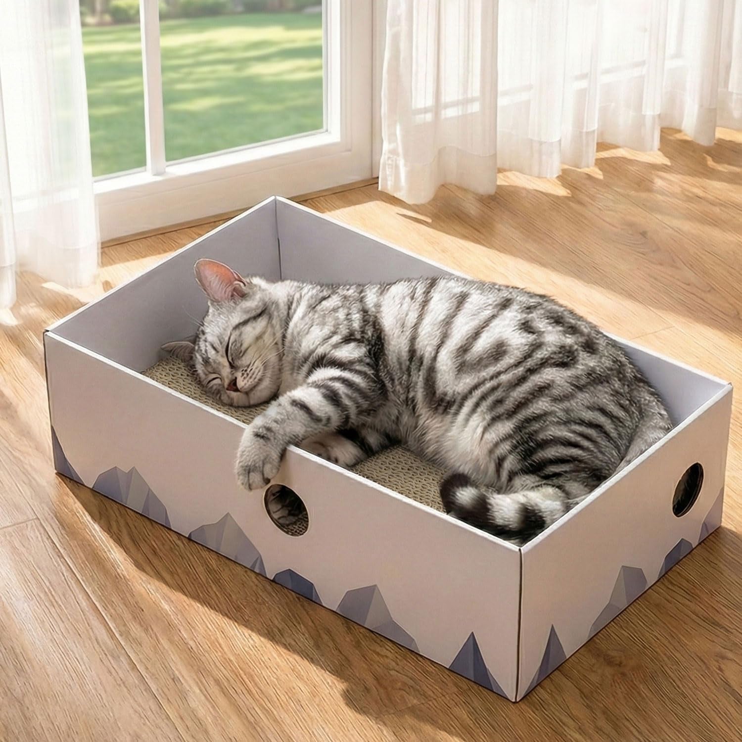 Cat Scratcher Box with Heavy-Duty Double-Sided Cardboard Pad, Cardboard Lounger, Interactive Hole Design, Cat Bed for Indoor Cats, White, Large