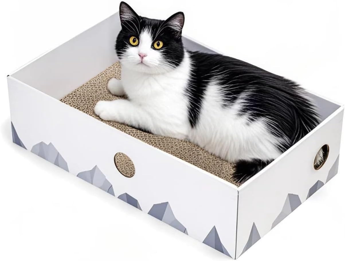 Cat Scratcher Box with Heavy-Duty Double-Sided Cardboard Pad, Cardboard Lounger, Interactive Hole Design, Cat Bed for Indoor Cats, White, Large