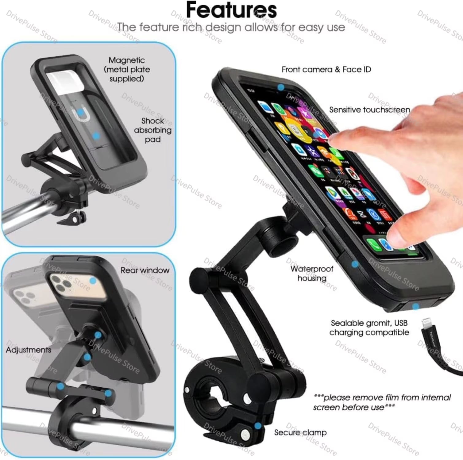 Adjustable Bike/Motorcycle Phone Mount - 360° Rotating Waterproof & Shockproof, Retractable Touchscreen Holder for Cycling